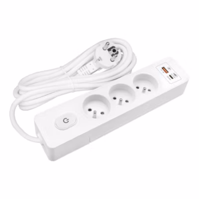 Multiprise SELDUR G3FH32B, 3 prises type E + interrupteur, USB A+C charge rapide 20W, Blanc, câble 3m