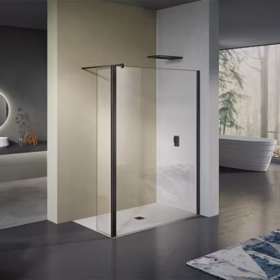GRAND VERRE paroi de douche avec retour pivotant 80+40 cm hauteur 200 cm avec barre de fixation 90cm en noir mat