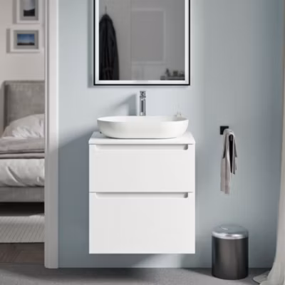 Meuble sous vasque suspendu MDF Blanc mat, plan vasque Blanc mat, tiroirs pivotants – 60x46x62cm – VIREO
