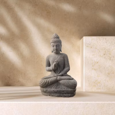 Statue de jardin bouddha assis en pierre chapelet et sérénité 50 cm