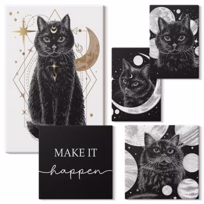 Composition Murale 5 Tableaux Wallfluent Chats Noirs Lune Planète Style Design Tendance Chambre