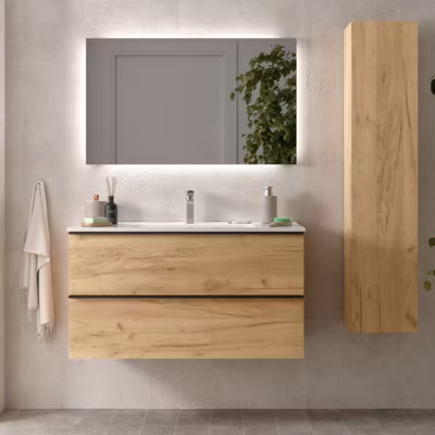 Meuble salle de bain – 100 CM – avec plan vasque – Effet chêne brut – poignées noires – A suspendre – ARUBA
