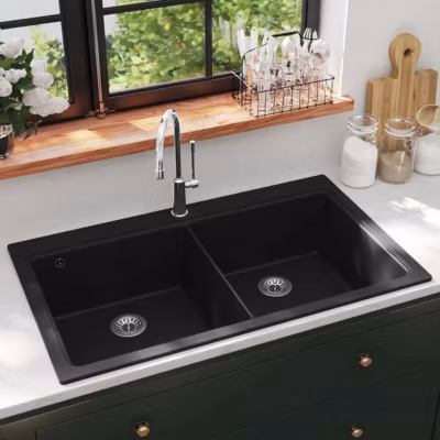 vidaXL évier de Cuisine Encastrable à 2 Bacs en Granite Noir Lave-main Lavabo 141675