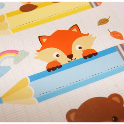 12 étiquettes adhésives scolaires – Rectangle – Animaux sur crayons – Paillettes