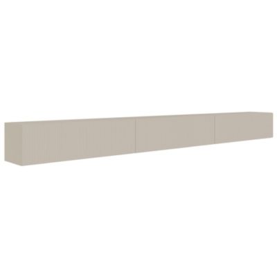 Meuble TV mural beige gris avec façades à lamelles rainurées 3 portes 300 cm VELDIO