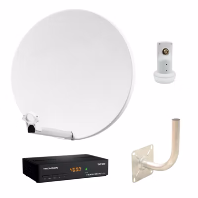 Pack  Parabole Satellite Fibre Blanche 60cm + LNB Single + Décodeur Satellite HD TNTSAT ASTRA + Carte + Bras Coudé HDSAT