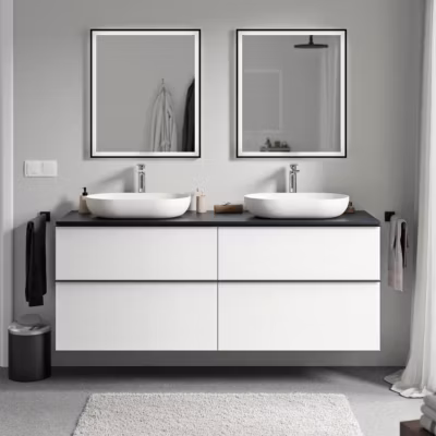 Meuble sous vasque suspendu MDF Blanc mat, plan vasque Bleu nuit mat, poignée Noir mat – 160x46x62cm – LAVOA