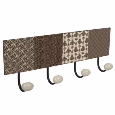 Porte manteau mural en métal design Classique Vintage décoration DAMAS marron avec 4 CROCHETS en porcelaine