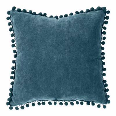 Coussin pompons – bleu canard – 40×40 cm – Atmosphera
