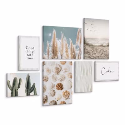 Set De Tableaux Plage Plantes Coquilles 110cm x 80cm  – Parfait pour décorer votre salon, chambre ou bureau avec un design unique