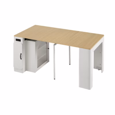 Buffet 83 cm blanc et bois naturel, table extensible sur roulettes avec LED et prises USBType C, style scandinave minimaliste