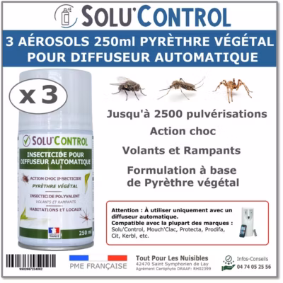 3 Aérosols 250 ml au Pyrèthre Végétal – Compatible Diffuseur Automatique – Action Choc Contre Volants et Rampants