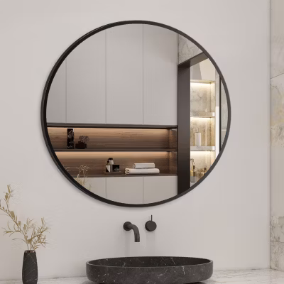 Miroir de salle de bain rond 50cm noir mat encadré, AICA SANITAIRE