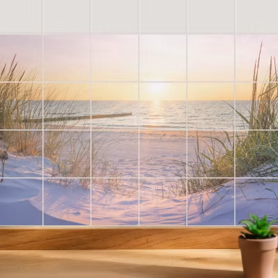 Sticker Mural Carrelage Wallfluent 10×10 cm Coucher de soleil sur la plage Cuisine Salle de Bain 24 pcs