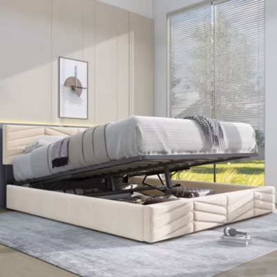 Lit 140×190 cm avec tête de lit capitonnée réglable en velours beige, design intemporel classique et contemporain
