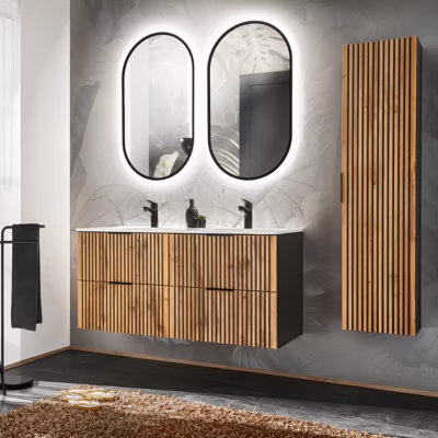 Ensemble meuble double vasque encastree 120cm miroirs LED et colonne Gaia Bois et Noir