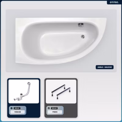 Baignoire asymétrique – 150 x 70 cm – Gauche – sans Habillage – avec Pieds – Vidage Chrome – MILENA