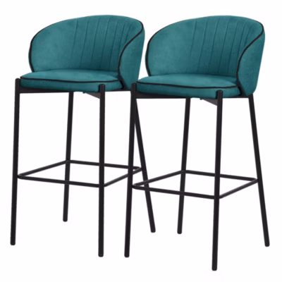 Lot 2 tabourets de bar ML-Design tissu bleu pétrole hauteur 76 cm avec dossier et repose-pieds îlot