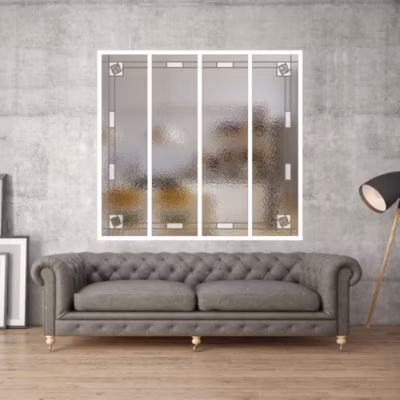 Verrière 4 verres Mackintosh – L x H : 135 x 125 cm – Laqué blanc 9003 granité – verre Sahara inclus