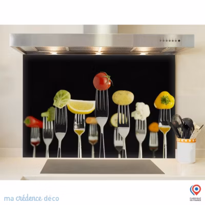 Crédence cuisine fond de hotte fourchettes et aliments 2 – Verre trempé – L 90 cm x H 50 cm – MaCrédenceDéco