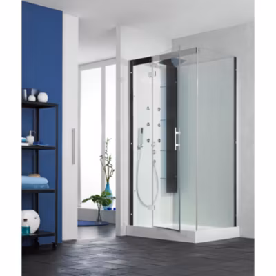 Cabine de douche hydromassante KINEDO HORIZON 110×100 hauteur receveur 12,5cm 1 porte pivotante finition perle noire