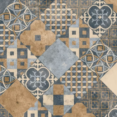 Sol PVC – Carreaux Art Déco – Marron et Bleu Gris – Rouleau de 3m x 22m