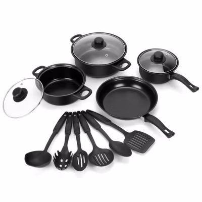 Batterie de cuisine 13 pieces avec cuilliere Noir Herzberg HG04241