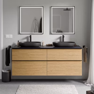 Meuble sous vasque suspendu MDF Chêne miel, plan vasque Bleu nuit mat, poignée Chrome – 160x46x62cm – LAVOA
