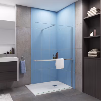 Paroi de douche à l&rsquo;italienne Chrome 120x200cm – 8mm verre anticalcaire + Barre de fixation 140cm + Étagère de Douche 120cm