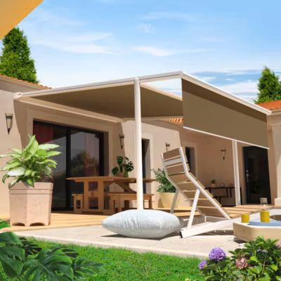 Pergola toile PYRITE 4,00×4,00 M Motorisé Secours à Télécommande + LED + Lambrequin (Armature blanc – Toile taupe)