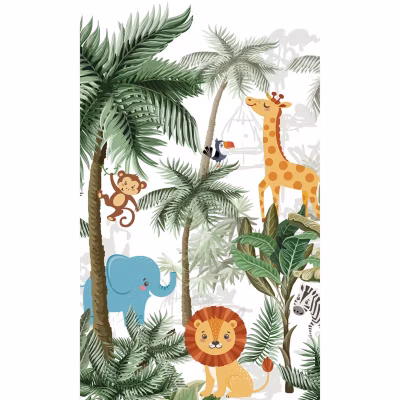 Papier peint intissé pour chambre d&rsquo;enfant, 250 cm X 150 cm, illustration forêt tropicale, animaux de la jungle, panoramique.