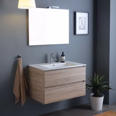 Meuble Salle De Bain Mural 90 Cm Chêne Naturel Tiroirs, Lavabo, Miroir – Berlin