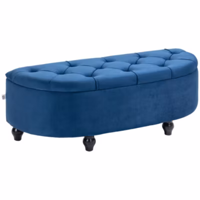 Pouf de rangement coffre 2 en 1 – design classique chic capitonné demi-cercle – pieds bois noir revêtement velours bleu roi