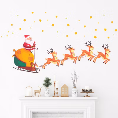 Sticker Noël le père noël, rennes et les étoiles magiques – Autocollants stickers adhésifs noël – décoration fêtes – 100x150cm