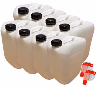 8x Bidon Jerrican Plastique 20 L litres Blanc Bouchon DIN 61 Liquides Alimentaires et Chimiques Ergonomique Empilable Réutilisable