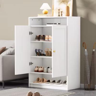 Meuble à Chaussures 2 Portes avec Étagères Réglables, Poignées Or, Armoire à Chaussures en Mélamine Métal – 73x34x109 cm, Blanc