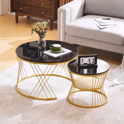 Tables Gigognes Lot de 2, avec Plateaux MDF Haute Brillance et Cadre en Métal Doré – Noir
