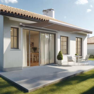 Store banne coffre MEEL 4,00×3,00m (Manuelle – Taupe – Blanc)