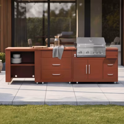 Cuisine d&rsquo;extérieur 3 modules avec barbecue brique  Oviala