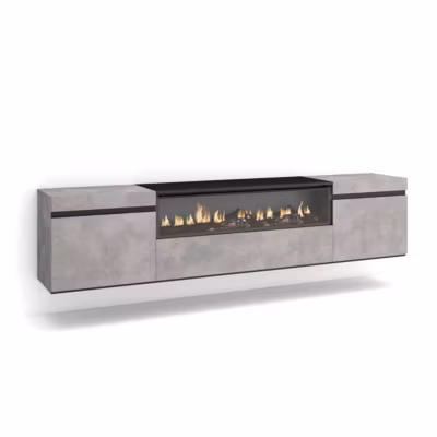 Meuble TV 200x35x45cm feu led sans chaleur mural couleur gris ciment