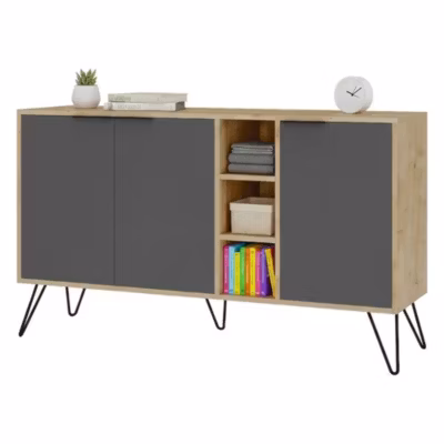 Buffet Alin, Buffet du salon, Commode de salon, Garde-manger de cuisine, 142x36h83 cm, Chêne et Anthracite