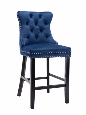 Lot De 2 Tabourets – Velours Bleu, Capitonnage, Pieds Bois – Style Lounge