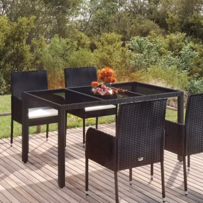 vidaXL Table de jardin dessus en verre Noir 150x90x75cm Résine tressée 319899