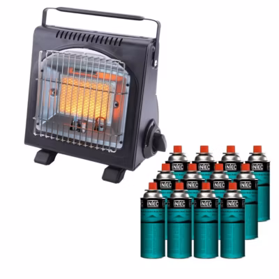 Chauffage à gaz portable 1700W + 12 Cartouches gaz Allumage Piezo Thermocouple ODS Camping Pêche INTEC