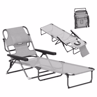 Bain de soleil transat pliable inclinable – coussins, espace tête – acier noir polyester antracite