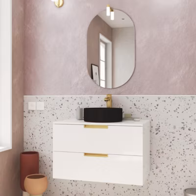 Meuble Salle de Bains 80cm Laqué Blanc et Or Doré 2 Tiroirs – Vasque Noire – Miroir & Applique Led