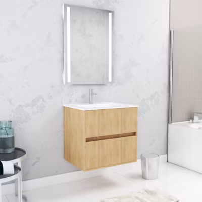 Pack Meuble Salle de Bains 60cm Chêne Clair 2 Tiroirs, Vasque, Miroir 60×80 à Leds intégrées – XENOS