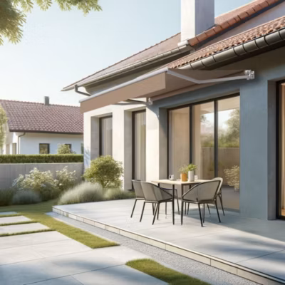 Store banne loggia LOCUS 2,50×1,50m (Motorisé à Télécommande – Taupe – Blanc)