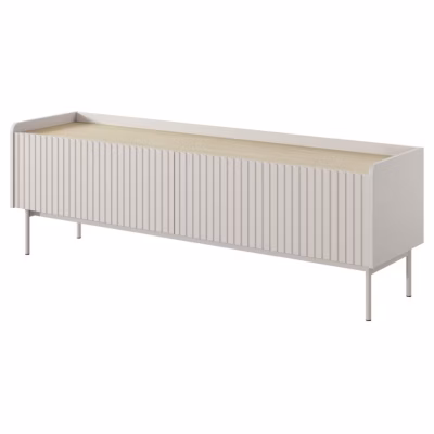 Meuble TV 153 cm 2 portes façades rainurées avec pieds métalliques grège LIWELO