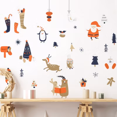 Stickers Noël père noël et ses animaux – Autocollants stickers adhésifs noël – décoration fêtes – 80x85cm